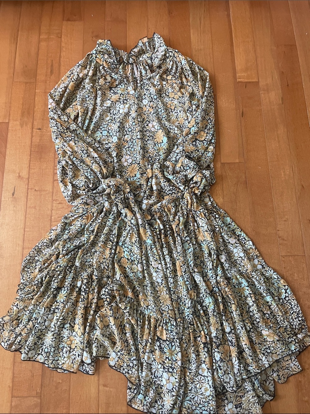 Free People Floral Ruffled Long-Sleeve Midi Dress in Sage and Mustard